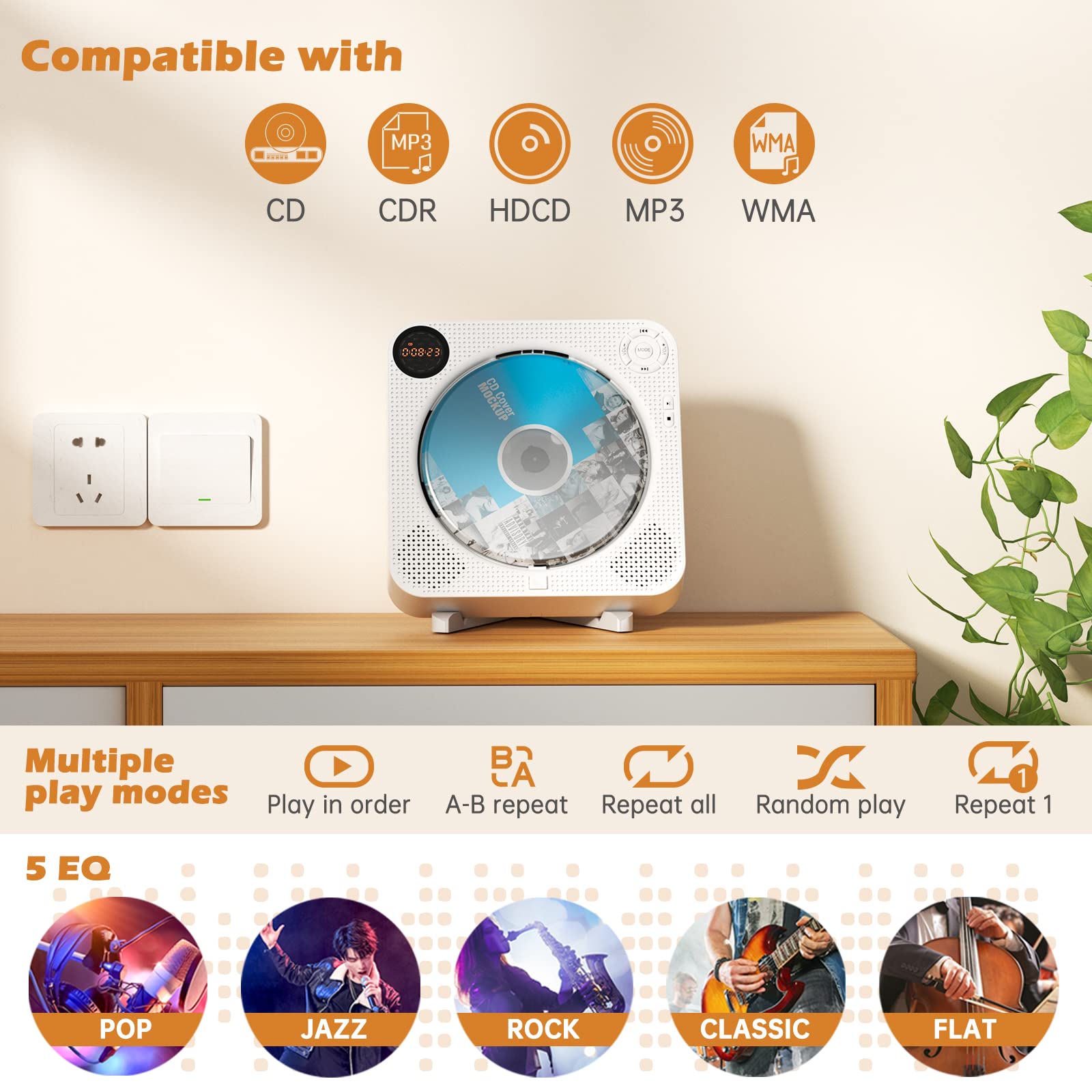 Cd Player Portable, Bluetooth Cd Player With Speakers Wall Cd Player For Home Rechargeable With Remote Control Fm Radio Digital